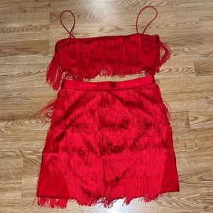 Meshki M Red Fringe Skirt and Crop Top Set